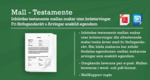 Mall för inbördes testamente mellan makar utan bröstarvingar där efterlevande maken ärver med fri förfoganderätt och när båda makarna avlidit ärver arvingarna som enskild egendom